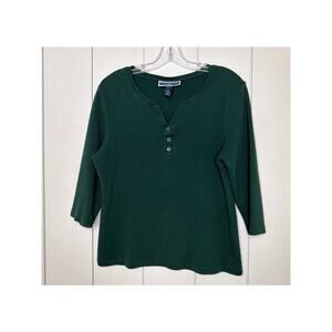 Karen Scott Emerald Green Cotton V-Neck Henley 3/4 Sleeve Women’s Top PXL